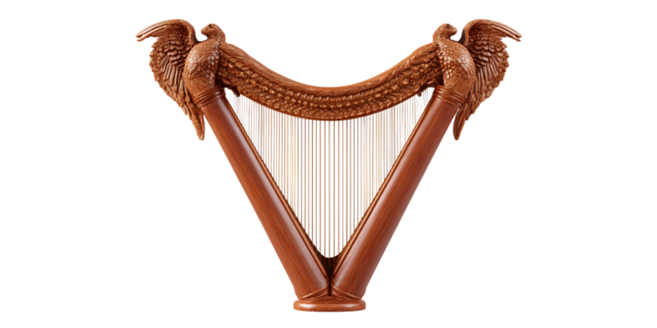 Ornate wooden harp with eagle carvings, a symbol of Irish heritage and musical artistry, showcasing craftsmanship and cultural significance