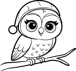 Obraz premium Baby Owl with Santa Hat Coloring Page. Black and White Christmas Owl Illustration. Outline Drawing of a Cute Owl. Holiday Owl Sticker Line Art. Printable Coloring Sheet of a Baby Owl