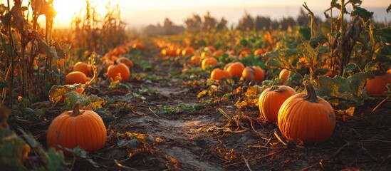 Sun-drenched pumpkin patch at sunset, rows of vibrant orange pumpkins nestled amongst green vines and brown earth, creating a picturesque autumnal scene
