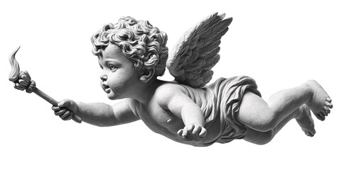 Flying Baby Angel with Wings Holding Torch on Black Background Concept of Love, Innocence, and Mythology