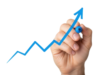An adult human hand, light skin tone, holding a vibrant blue marker pen, drawing an upward-trending blue line graph on a transparent minimalist background with copy space, business growth concept
