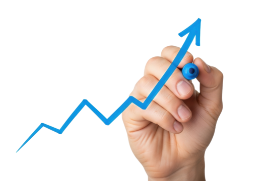 An adult human hand, light skin tone, holding a vibrant blue marker pen, drawing an upward-trending blue line graph on a transparent minimalist background with copy space, business growth concept