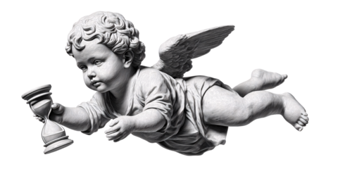 Symbolic baby angel holding hourglass, representing time, mortality, and the fleeting nature of life in a monochrome artistic rendering