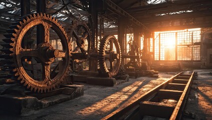 Sunlit, derelict industrial space; large, rusted gears rest on a concrete floor near railway tracks, casting long shadows in the golden afternoon light of a vast, decaying factory