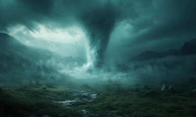 Tornado in a stormy landscape, representing the impact of climate change and natural disasters. This powerful imagery conveys urgency and the need for awareness in addressing, Generative AI