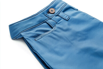 Stylish blue chino pants front detail with button and pocket, clean and modern fashion shot