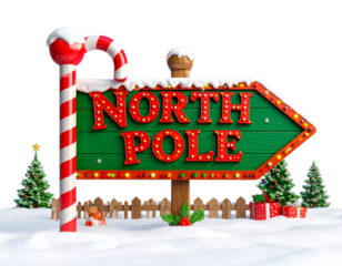 A - Festive North Pole Direction Sign with Snow Cap PNG.