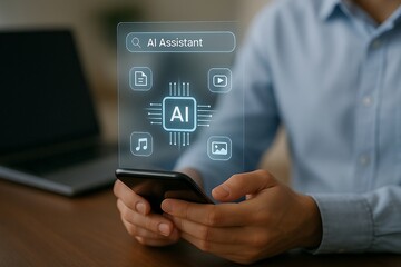Person using smartphone with AI assistant and app icons on screen mobile technology