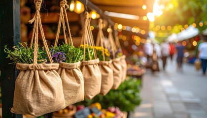 Fototapeta premium Dried herb sachets tied with banana rope at a local market