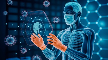 Scientist analyzing global pandemic virus spread on futuristic holographic interface, highlighting scientific research and medical advancements