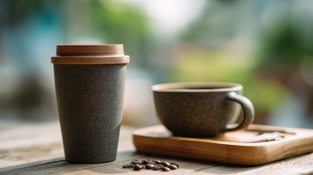 Morning Brew Still Life: A rustic scene of a sustainable coffee cup and a traditional mug filled with fresh brew sit alongside coffee beans on a wooden tray.