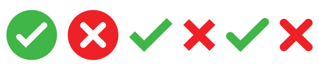 check mark icon button set. check box icon with right and wrong buttons and yes or no checkmark icons in green tick box and red cross. vector illustration