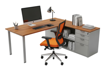 Modern office desk with wooden top, grey metal legs, vibrant orange ergonomic chair, computer monitor, keyboard, mouse, grey drawers, and books, isolated on a transparent background with copy space,