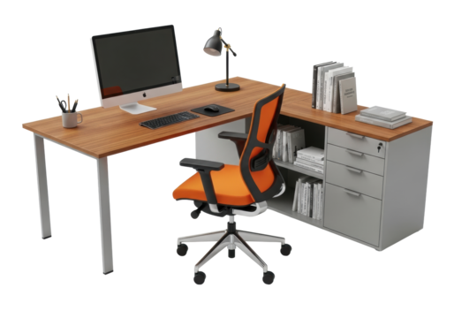 Modern office desk with wooden top, grey metal legs, vibrant orange ergonomic chair, computer monitor, keyboard, mouse, grey drawers, and books, isolated on a transparent background with copy space,