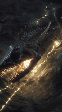 Ancient Sea Monster Skeleton Glowing in Dark Underwater Cave