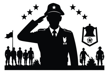 Silhouette shows American military officer saluting amid stars and other uniformed individuals in black