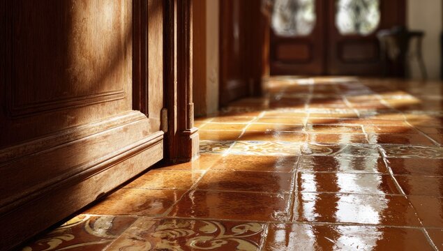 Sunlit hallway with glossy terracotta tiles and rich wood door frame, showcasing intricate patterns in the floor and warm light