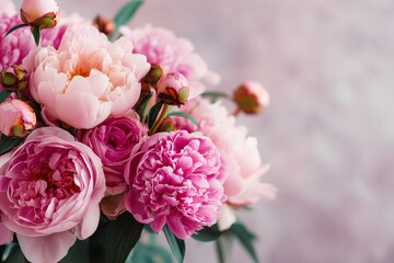 Fototapeta premium Bouquet of pink roses and peonies with empty space for text