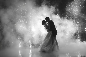 Newlywed couple shares first dance amid enchanting smoke and sparkling lights captured in black and white