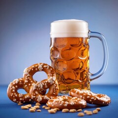 Oktoberfest beer mugs and pretzels on blue to white gradient background