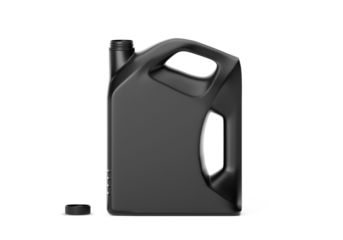 Black plastic fuel tank with open lid, transparent background