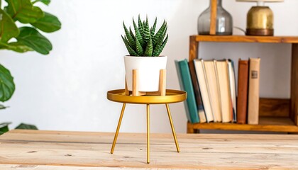 Small succulent in white pot on a gold metal plant stand on wooden surface