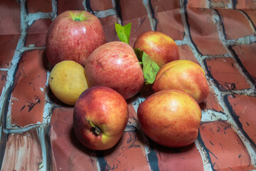 Apples and nectars on a table with a brick print