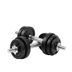 A pair of sleek black dumbbells rests against a white background. Their modern design embodies strength, durability, and the essentials of fitness training.