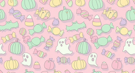 Pastel halloween pattern background with cute ghosts pumpkins candy bats and candy corn design vector