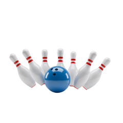A vibrant blue bowling ball strikes white pins with red stripes against a white background. The scene captures the excitement, precision, and energy of the game.