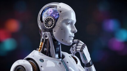 Fototapeta premium Advanced humanoid robot contemplating future innovation with glowing circuits and futuristic design, symbolizing artificial intelligence progress and technological advancement