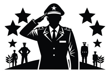 Silhouette shows saluting military officer amid stars with soldiers stationed nearby on white