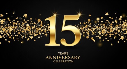 Elegant 15 year anniversary celebration design with golden numbers, stars, and confetti on a black background for a festive event