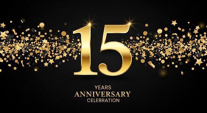 Elegant 15 year anniversary celebration design with golden numbers, stars, and confetti on a black background for a festive event