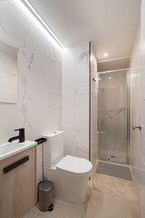 Modern bathroom with marble walls, a shower, toilet, and sink. Bright lighting enhances the clean, minimalist design.