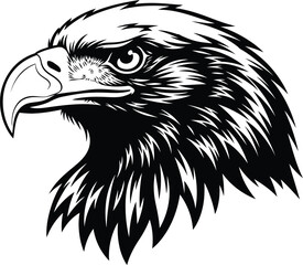 A fierce and majestic bald eagle head in profile with an intense gaze, a powerful black and white vector illustration for a brand logo, team mascot, or cool graphic design.
