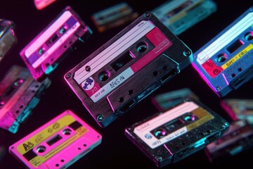 Colorful retro audio cassette tapes in vibrant neon lighting on dark background

