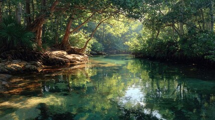 Tranquil jungle river, sunlight filtering through lush canopy