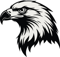 A fierce and majestic bald eagle head in profile with an intense gaze, a powerful black and white vector illustration for a brand logo, team mascot, or cool graphic design.