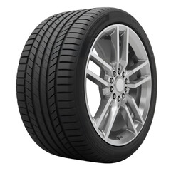 Fototapeta premium A sleek car tire with a silver alloy rim stands against a white background. Its detailed design reflects durability, performance, and modern automotive excellence
