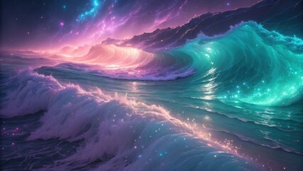 Celestial waves crashing under a vibrant dreamlike sky blending teal and rose hues in an ethereal