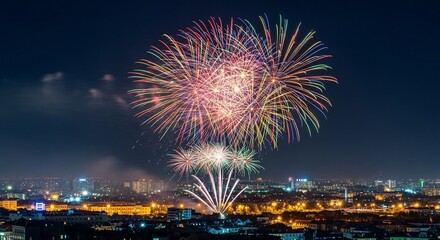 Spectacular Colorful Fireworks Exploding Over Urban City Skyline at Night, Illuminating the Horizon During a Festive Celebration