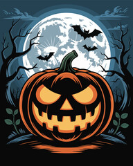 Evil grinning jack-o'-lantern with bats and full moon Halloween scene