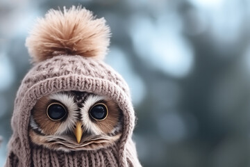 Owl in cozy knitted winter hat outdoors with copy space.