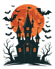 Gothic castle with glowing windows and full orange moon at night