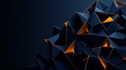Abstract dark blue polygonal background featuring golden glowing facets and interconnected points and lines