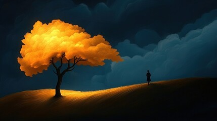 A lone silhouette stands on a dark hill beside a vibrant glowing orange tree under a moody blue sky