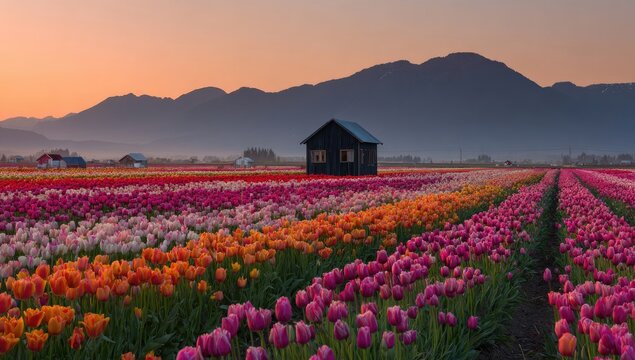 Serene sunrise over a vast tulip field, a small dark cabin sits centrally, mountains in the background under a soft, colorful sky