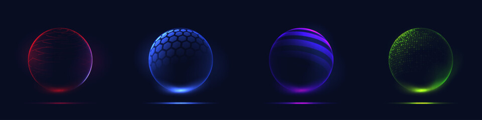 Set of sphere shield. Abstract dome energy protection. Vector illustration.