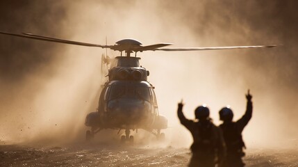 砂塵の中に降り立つヘリと誘導員